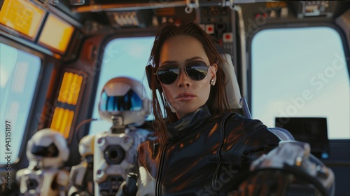 A determined woman in aviator sunglasses and futuristic gear pilots a spaceship, accompanied by advanced robots, exuding confidence and control.