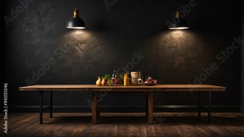 A dimly lit wall serves as the backdrop, accompanied by a vacant table, intended for product montage.