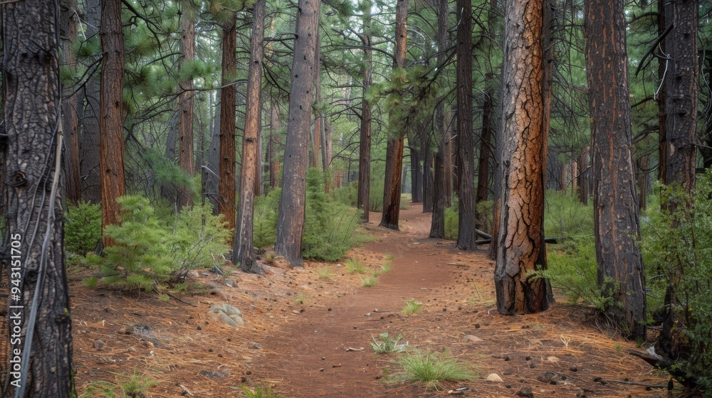 Serene Pine Forest Trail. Tranquil nature escape concept Serene Pine Forest Trail. Tranquil nature escape concept