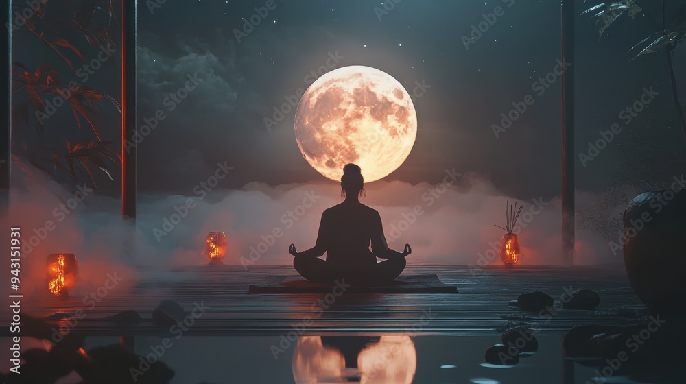 Back view of the figure sitting in the moonlight meditating Back view of the figure sitting in the moonlight meditating