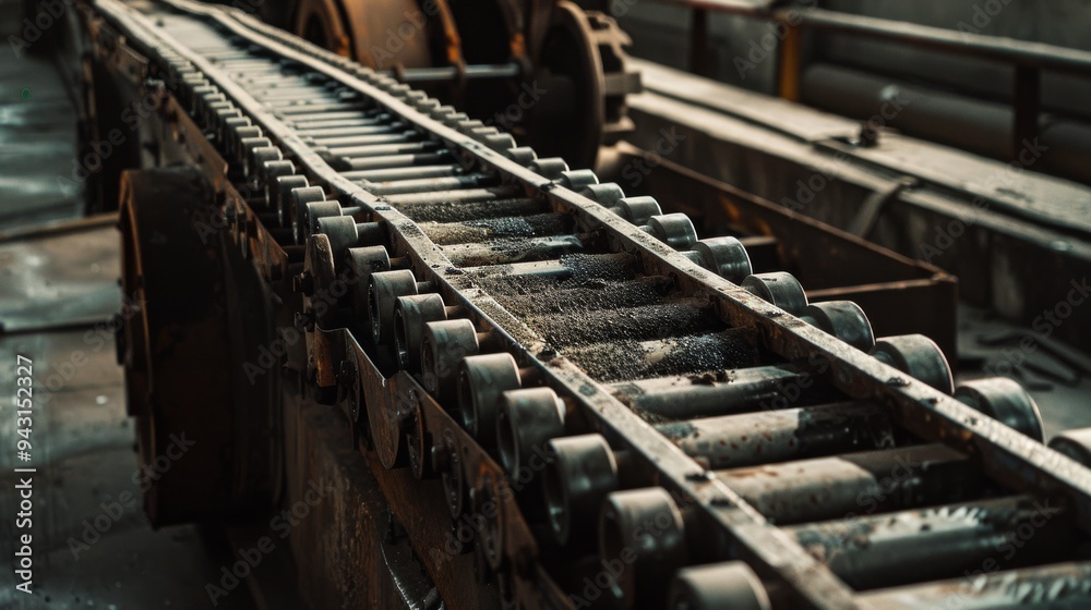 An old, rusty conveyor belt in an abandoned industrial setting, exuding a sense of history and decay amidst the dim, dusty ambiance. An old, rusty conveyor belt in an abandoned industrial setting, exuding a sense of history and decay amidst the dim, dusty ambiance.