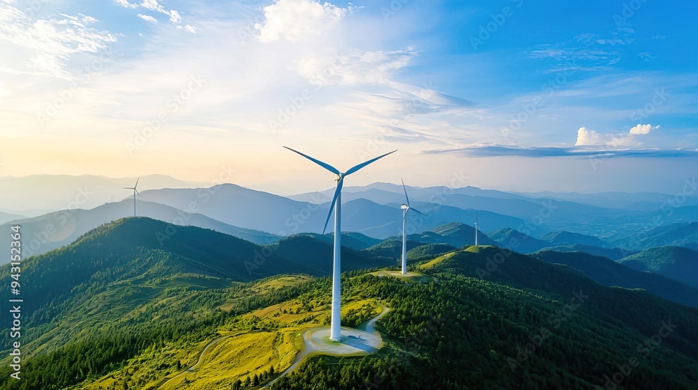 Aerial view of wind turbines in a mountain landscape at sunset. Aerial view of wind turbines in a mountain landscape at sunset.