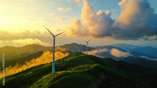 Wind turbines on a green hill at sunset