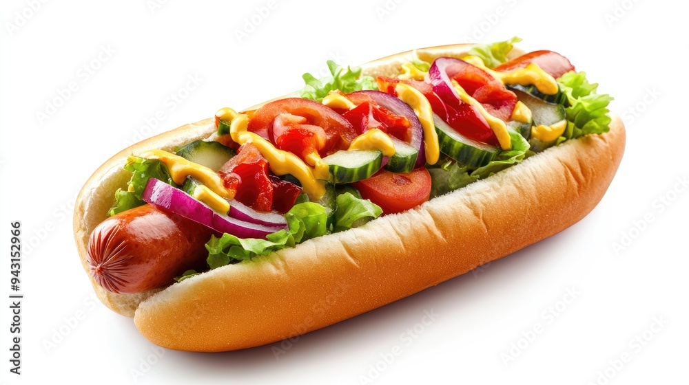 Close-up of a hot dog with all the classic fixings, presented on a white background. A perfect representation of American fast food tradition Close-up of a hot dog with all the classic fixings, presented on a white background. A perfect representation of American fast food tradition