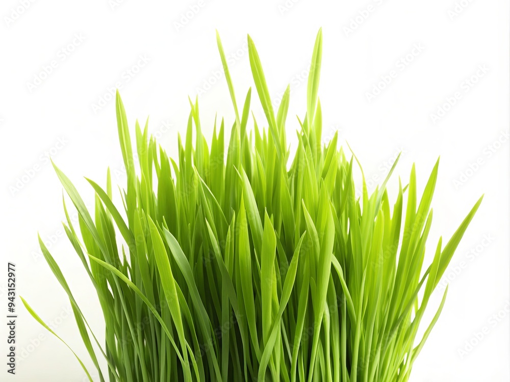A lone blade of vibrant green grass stands alone against a pure white background, its delicate texture and subtle curves showcased in stunning isolation.