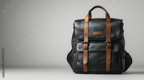 Stylish black leather backpack with brown accents, perfect for traveling or daily use, combining functionality and fashion. photo