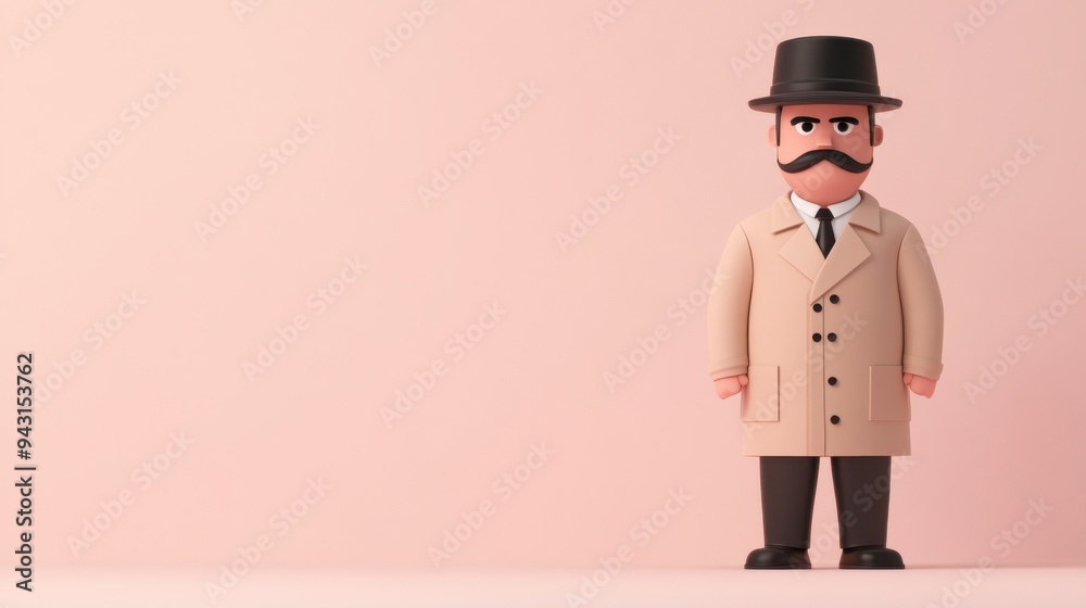 A stylish toy figure in a cream trench coat and a black hat, exuding a classic detective vibe against a soft pink background. A stylish toy figure in a cream trench coat and a black hat, exuding a classic detective vibe against a soft pink background.