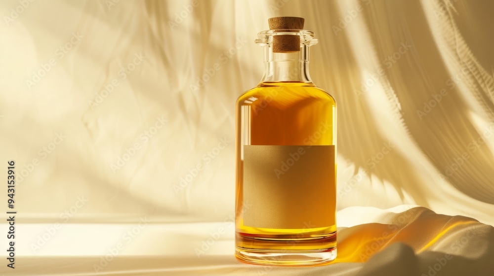 A bottle of golden oil is softly lit, with delicate shadows cast by draped fabric, evoking a sense of luxury and refined simplicity. A bottle of golden oil is softly lit, with delicate shadows cast by draped fabric, evoking a sense of luxury and refined simplicity.