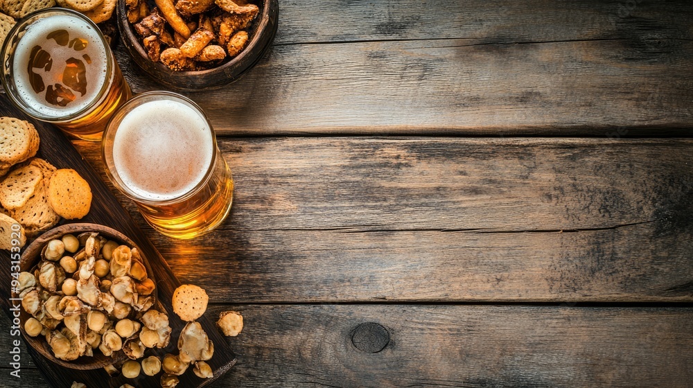 Festive beer festival banner featuring a top view of a glass of beer, snacks, and space for text on a rustic wooden table. Festive beer festival banner featuring a top view of a glass of beer, snacks, and space for text on a rustic wooden table.