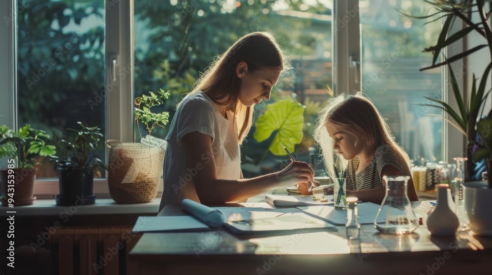 In a cozy, sunlit kitchen, a mother teaches her young daughter to grow plants, fostering a bond over nature and learning. In a cozy, sunlit kitchen, a mother teaches her young daughter to grow plants, fostering a bond over nature and learning.