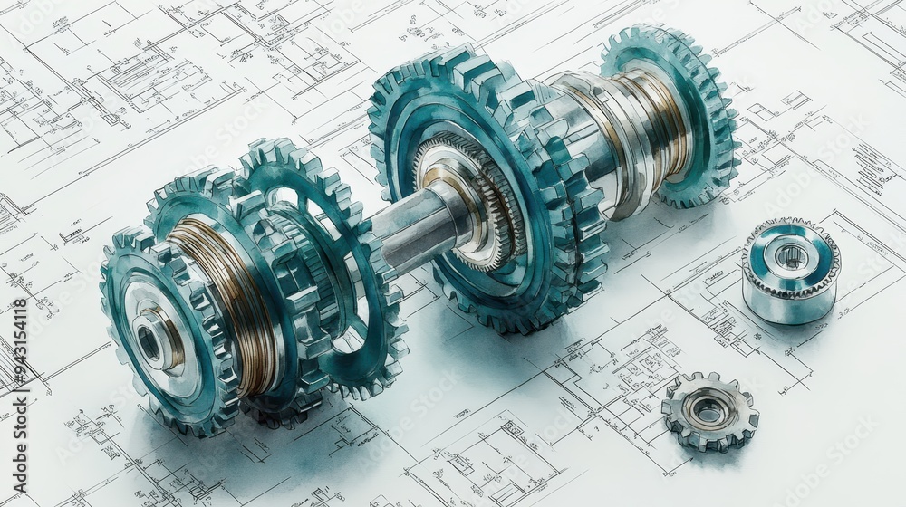 Watercolor Illustration of Gear Mechanism on Blueprint Background Watercolor Illustration of Gear Mechanism on Blueprint Background