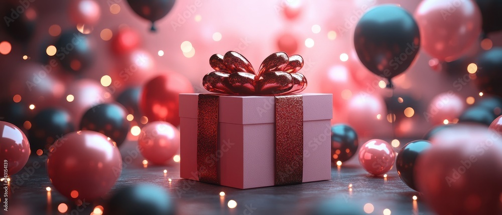Pink Gift Box with Red Bow and Balloons for Birthday or Anniversary Celebration Pink Gift Box with Red Bow and Balloons for Birthday or Anniversary Celebration