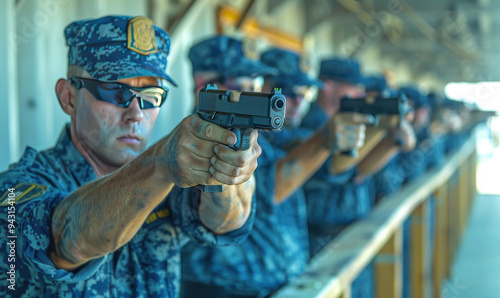 Navy officers practicing marksmanship at a shooting range photo