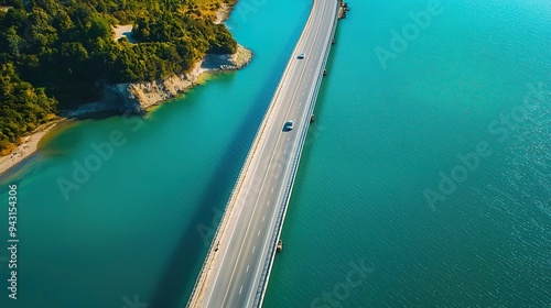 Aerial view of a highway bridge crossing a river, surrounded by lush green trees.