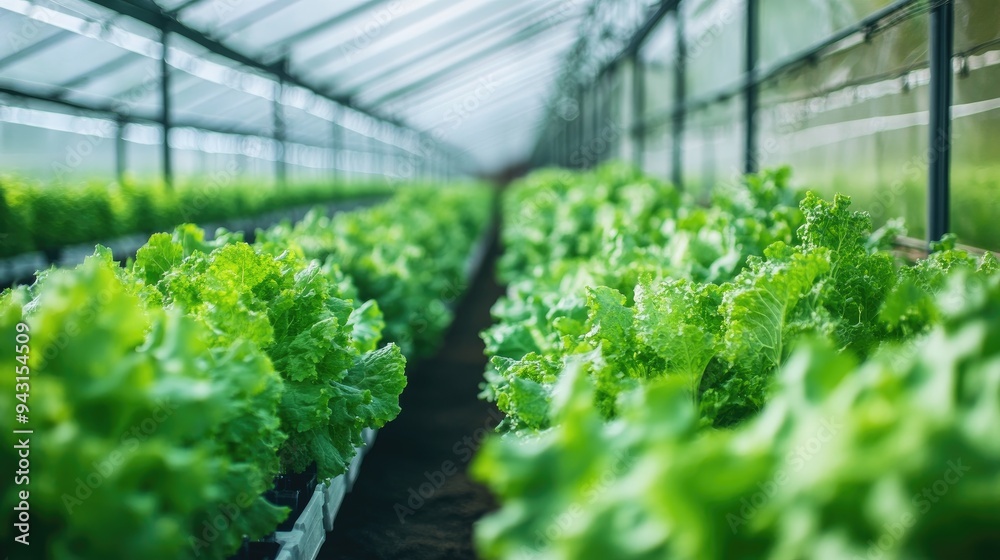 Interior shot of a modern greenhouse, filled with rows of vibrant green plants, showcasing sustainable farming and advanced food production techniques