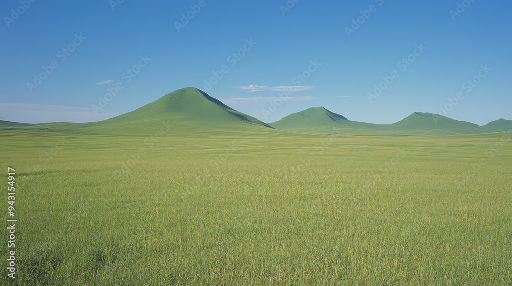 Fototapeta premium An expansive image showing serene green rolling hills under a perfectly clear blue sky, representing an endless and uninterrupted natural landscape with gentle slopes.