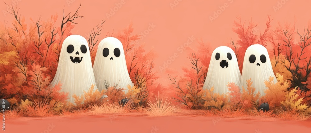 Obraz premium Smiling Ghosts in Autumn Foliage, Halloween Illustration