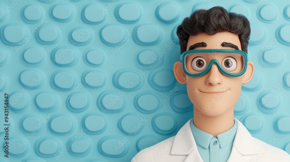 A cheerful cartoon scientist with glasses, wearing a lab coat, against a light blue textured background, perfect for educational themes. A cheerful cartoon scientist with glasses, wearing a lab coat, against a light blue textured background, perfect for educational themes.