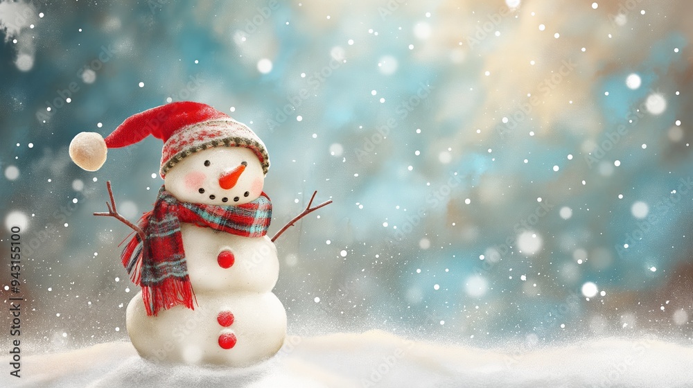 A snowman wearing a red hat and scarf stands in the snow. The image has a festive and cheerful mood, as it captures the essence of winter and the joy of the holiday season