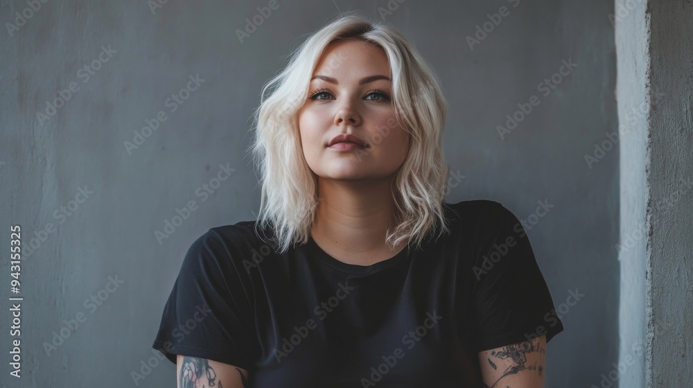 Plus size blonde stylish woman wearing a tshirt for product mockup Plus size blonde stylish woman wearing a tshirt for product mockup