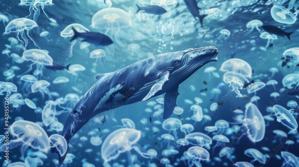 Obraz premium A whale swims serenely among hundreds of glowing jellyfish in an enchanting underwater world, illuminated by gentle, shimmering light.