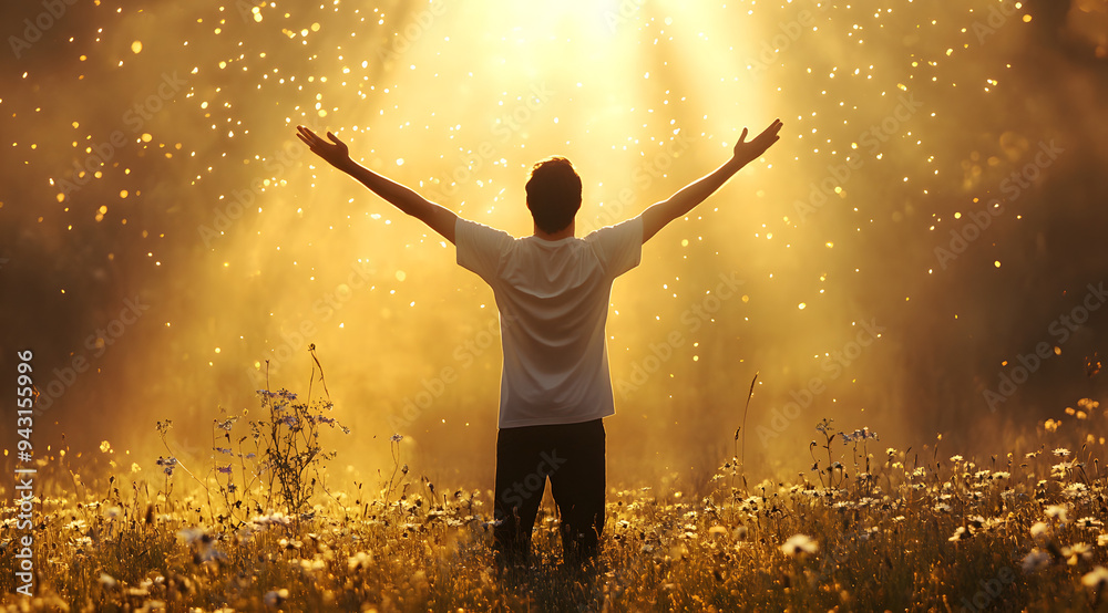 A Man Standing in the Field with His Arms Raised Towards the Sky, Embracing the Freedom and Vastness of the Outdoors, Capturing a Moment of Joy and Connection with Nature, Ideal for Representing Theme A Man Standing in the Field with His Arms Raised Towards the Sky, Embracing the Freedom and Vastness of the Outdoors, Capturing a Moment of Joy and Connection with Nature, Ideal for Representing Theme