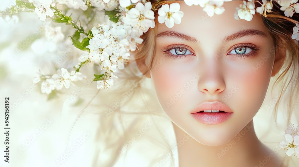 A beautiful girl with delicate flowers woven into her hair, set against a soft background. Ideal for cosmetics and fashion advertising.