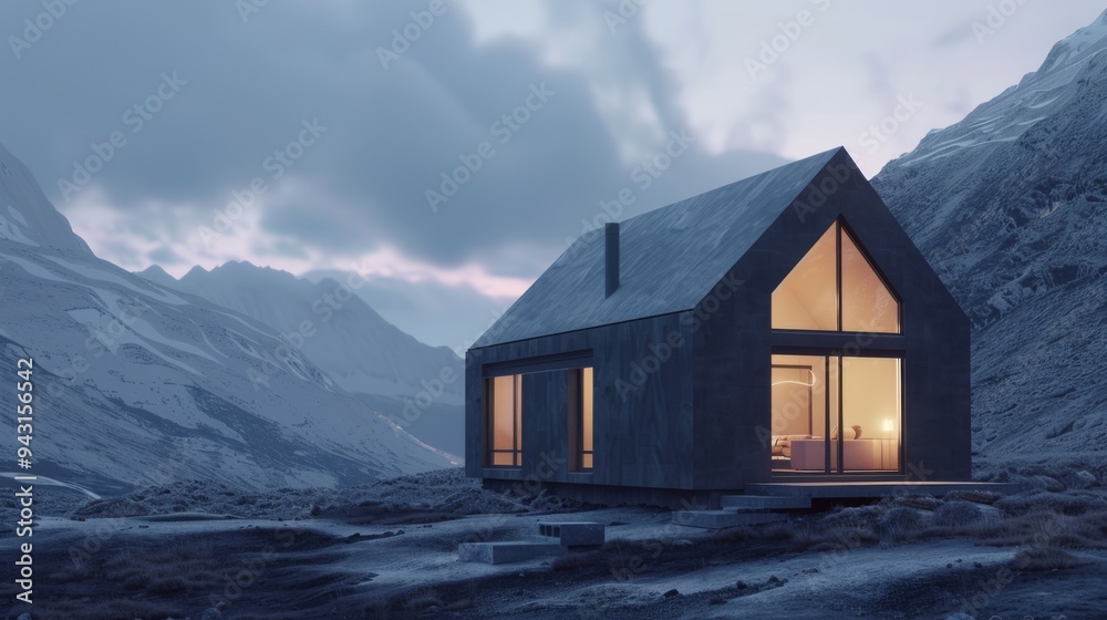 Fototapeta premium Modern, cozy house in a rugged, mountainous landscape glowing warmly amidst an evening mist, epitomizing solitude and peaceful retreat.