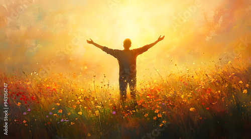 A Man Standing in the Field with His Arms Raised Towards the Sky, Embracing the Freedom and Vastness of the Outdoors, Capturing a Moment of Joy and Connection with Nature, Ideal for Representing Theme