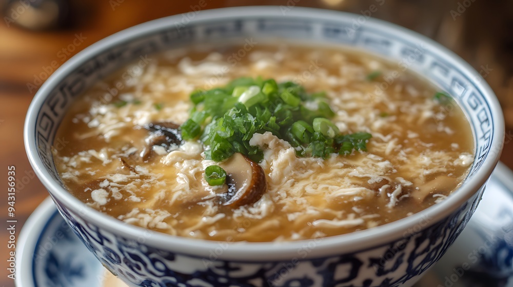 146. A bowl of Chinese egg drop soup with mushrooms 146. A bowl of Chinese egg drop soup with mushrooms