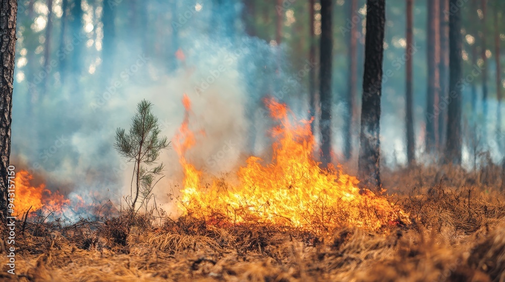 Forest Fire Engulfing Pine Trees in Smoky Woodland Setting - Intense Wildfire Scene Forest Fire Engulfing Pine Trees in Smoky Woodland Setting - Intense Wildfire Scene