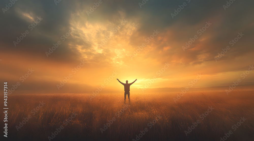 A Man Standing in the Field with His Arms Raised Towards the Sky, Embracing the Freedom and Vastness of the Outdoors, Capturing a Moment of Joy and Connection with Nature, Ideal for Representing Theme A Man Standing in the Field with His Arms Raised Towards the Sky, Embracing the Freedom and Vastness of the Outdoors, Capturing a Moment of Joy and Connection with Nature, Ideal for Representing Theme