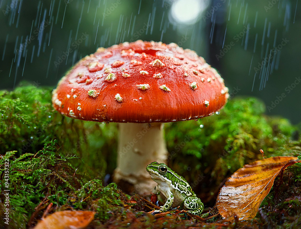 Fototapeta premium A frog sheltered from the rain under a red mushroom