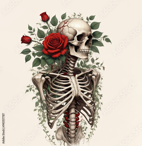 Illustration of a skeleton with red roses around it. Day of the Dead or Halloween