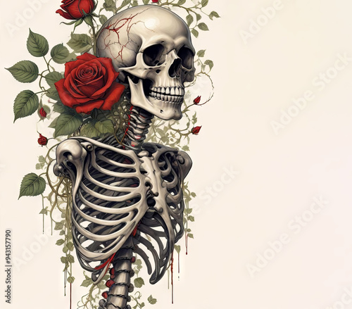 Illustration of a skeleton with red roses around it. Day of the Dead or Halloween