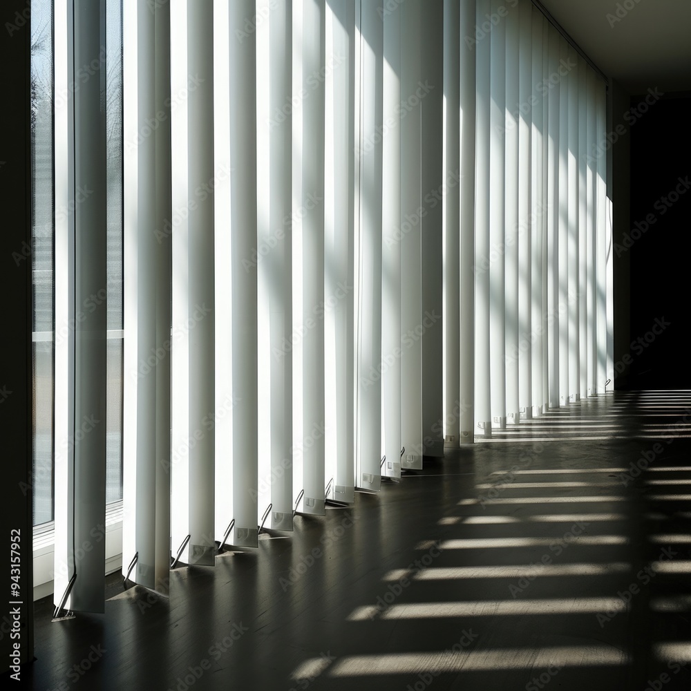 Obraz premium Contemporary Vertical Fabric Blinds on Bright Day in Clean Room