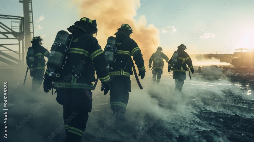 Firefighters in full gear march through smoke and debris, epitomizing bravery and teamwork during a challenging mission. Firefighters in full gear march through smoke and debris, epitomizing bravery and teamwork during a challenging mission.