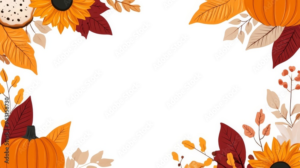 A Thanksgiving theme border, seasonal festive, featuring pumpkins, sunflowers, colorful leaves, pies, and others. Warm colors, on white background. A Thanksgiving theme border, seasonal festive, featuring pumpkins, sunflowers, colorful leaves, pies, and others. Warm colors, on white background.