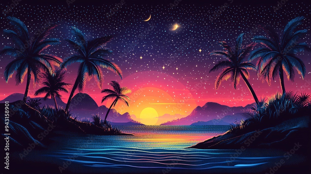 2D vector graphics of Whitehaven Beach icons in dot matrix style, with ...