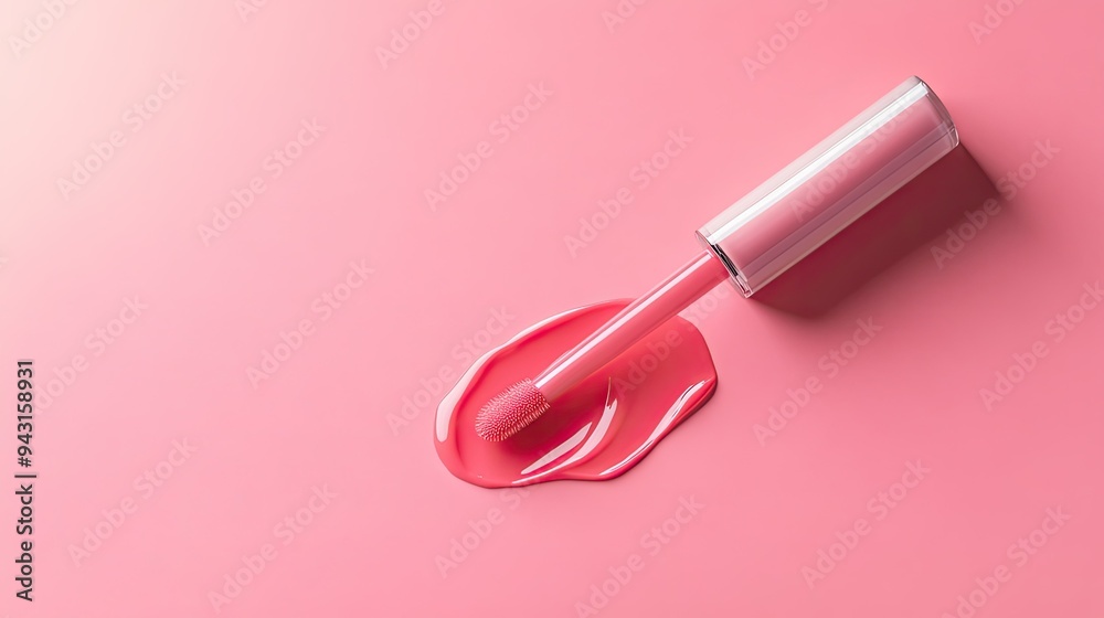 A cosmetic product layout with a lip gloss tube and sample on a pink background, with ample room for text and branding. A cosmetic product layout with a lip gloss tube and sample on a pink background, with ample room for text and branding.