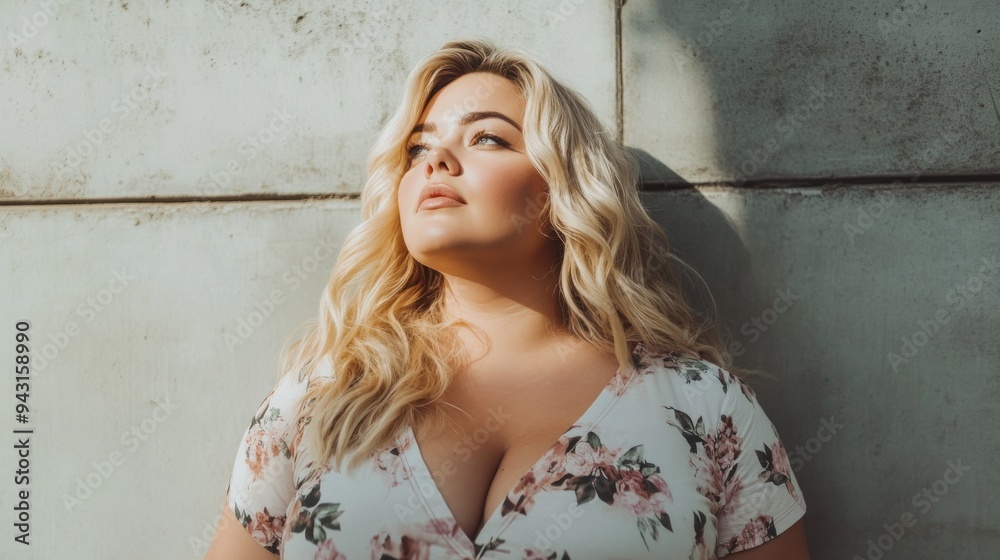 Plus size blonde stylish woman wearing a tshirt for product mockup Plus size blonde stylish woman wearing a tshirt for product mockup