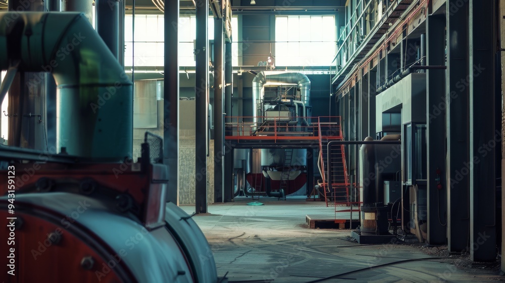 A spacious industrial facility with large metal machinery and intricate pipe systems, bathed in natural light from high windows.
