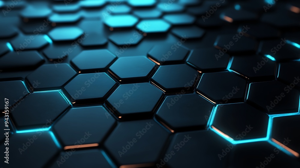 Abstract Geometric Pattern of Black Hexagons with Blue Glow Abstract Geometric Pattern of Black Hexagons with Blue Glow