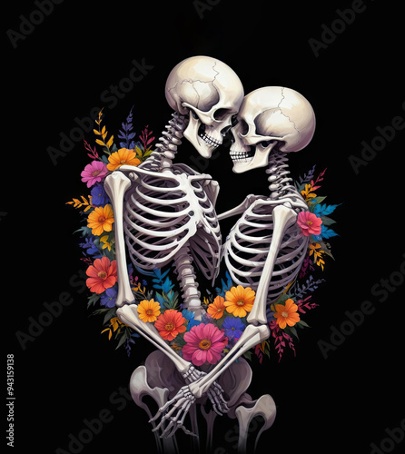 Two skeletons hugging surrounded by flowers. Illustration for Day of the Dead or Halloween