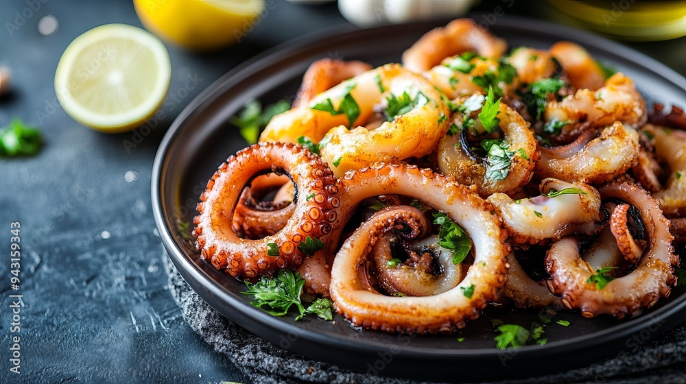 Fried squid or octopus with garlic, served on a plate, showcasing its crispy texture and aromatic flavor. Fried squid or octopus with garlic, served on a plate, showcasing its crispy texture and aromatic flavor.