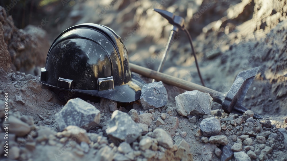 A black hard hat and pickaxe lie amongst scattered rocks and dirt on a worksite, symbolizing labor and resilience.