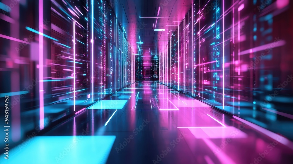 custom made wallpaper toronto digitalA digital web icon, illuminated in neon pink and blue, hovering over a high-tech floor. The design captures the essence of vibrant internet technology.