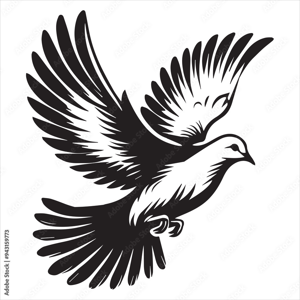 Fototapeta premium Mourning Dove Silhouette - Zenaida macroura Clipart - Mourning Dove flying Illustration in black and white