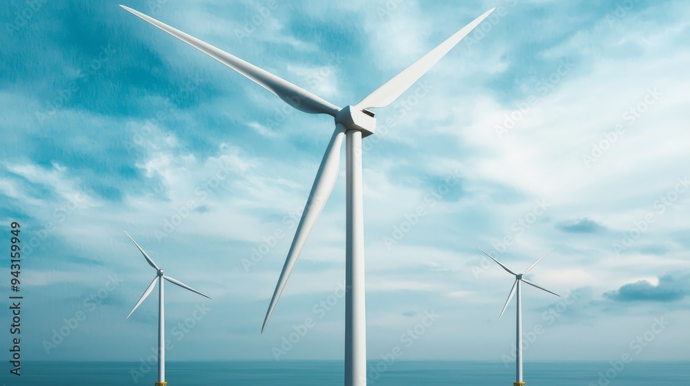Wind turbines stand tall against a backdrop of a bright blue sky with white clouds. Wind turbines stand tall against a backdrop of a bright blue sky with white clouds.