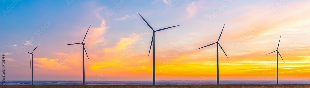 Wind turbines silhouette against a colorful sunset sky. Wind turbines silhouette against a colorful sunset sky.